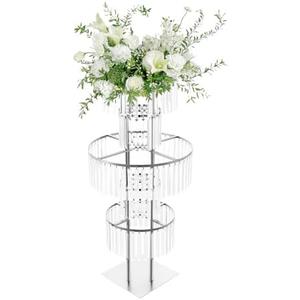 Lemoeyes Crystal Vases for Centerpieces, Flower Stand with Hanging Crystals, 43.3" Silver Wedding Vase, 5 Tier Round Chandelier Pedestal Stand for Wedding Stage Flower Arrangement Decor (Silver, 1PC)
