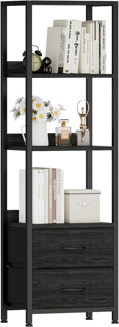 Furnulem 4-Tier Corner Shelf, Bookshelf with 2 Storage Drawers, 57.28Tall Narrow Bookcase, Standing Shelf Organizer Unit for Living Room, Bedroom, Metal Frame, Wood Display Shelf