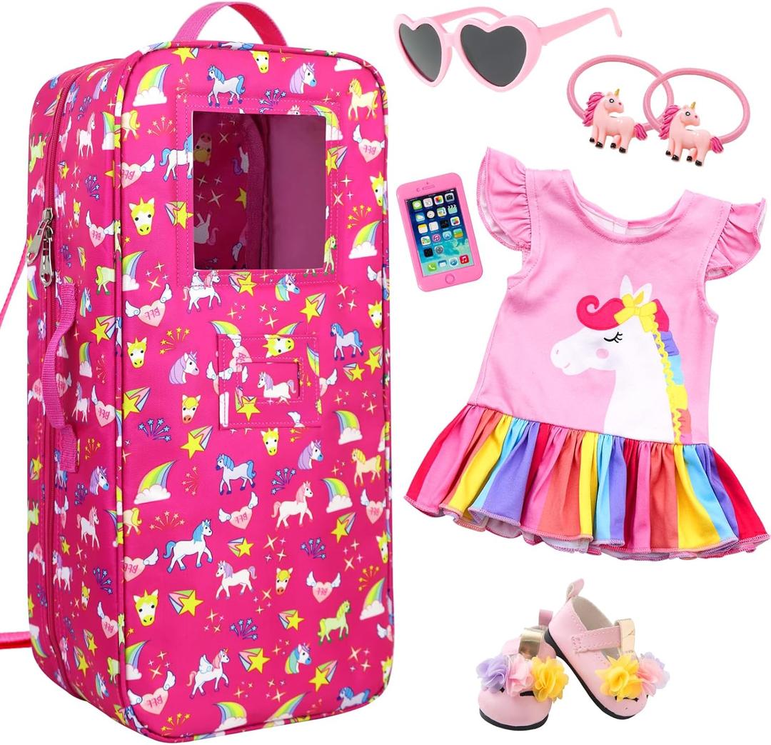 Ecore Fun 7 Items 18 Inch Dolls Bag and Accessories Unicorn Doll Carrier Storage Case Fit for 18 Inch Girl Dolls Including Backpack, Dress, Shoes, Sunglasses, Phone and 2 Hairpin