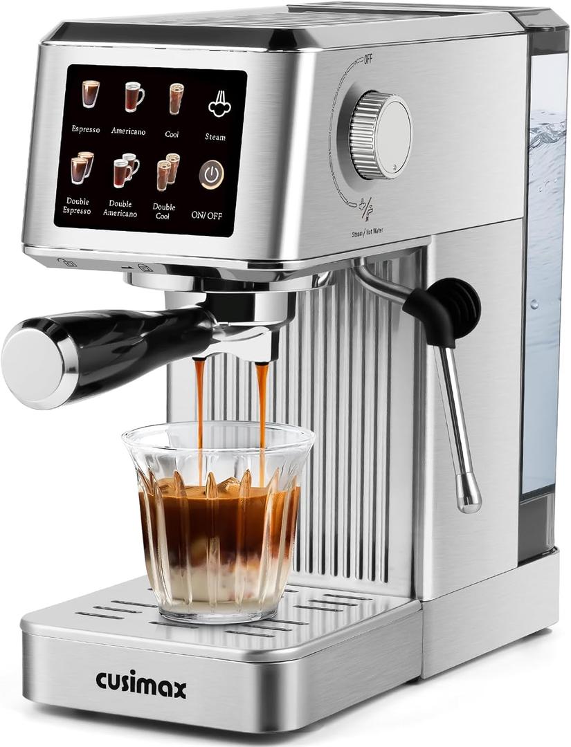 CUSIMAX Espresso Machine 20Bar Compact Coffee Machine with Powerful Steam Wand for Latte & Cappuccino, Stainless Steel Espresso Maker with 34oz Remevable Water Tank (Silver)
