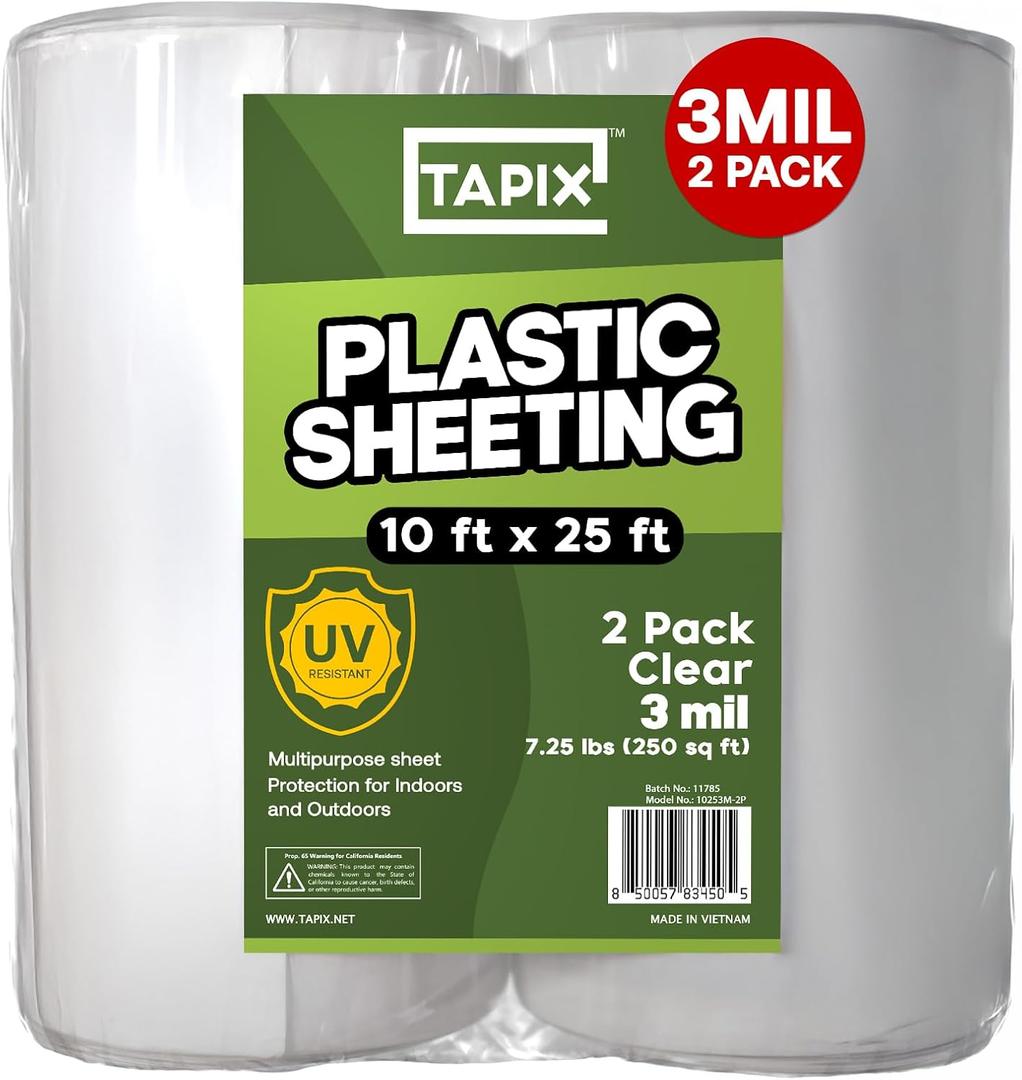 Plastic Sheeting (10' x 25') Long, 3 Mil (2 Pack) - UV Protection Poly Sheeting Polyethylene Film, Heavy Duty Greenhouse Plastic Sheeting (Clear)