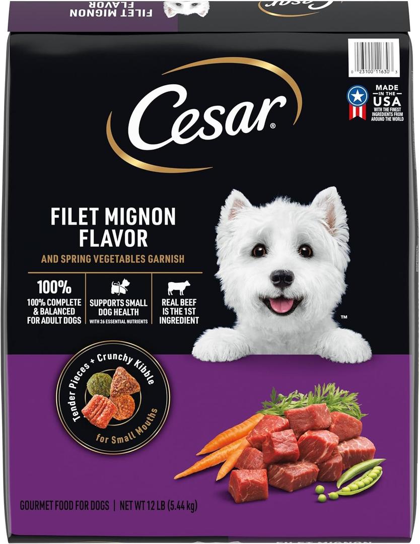 Cesar Small Breed Dry Dog Food for Small Dogs, Filet Mignon Flavor and Spring Vegetables Garnish, 12 lb Bag (EXP 12/11/26)