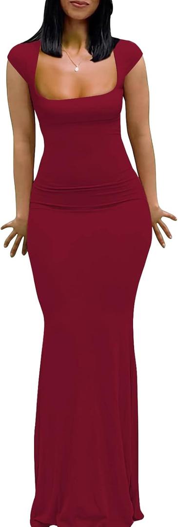 Womens Summer Cap Sleeve Square Neck Elegant Casual Lounge Bodycon Slim Maxi Evening Party Long Dress (Medium, Burgundy)