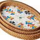 i-lan 3-Pack Oval Rattan Serving Trays with Mother of Pearl Inlay, 13/12/11 Inch Woven Platters for Home Decor, Coffee Table, Display, and Entertaining