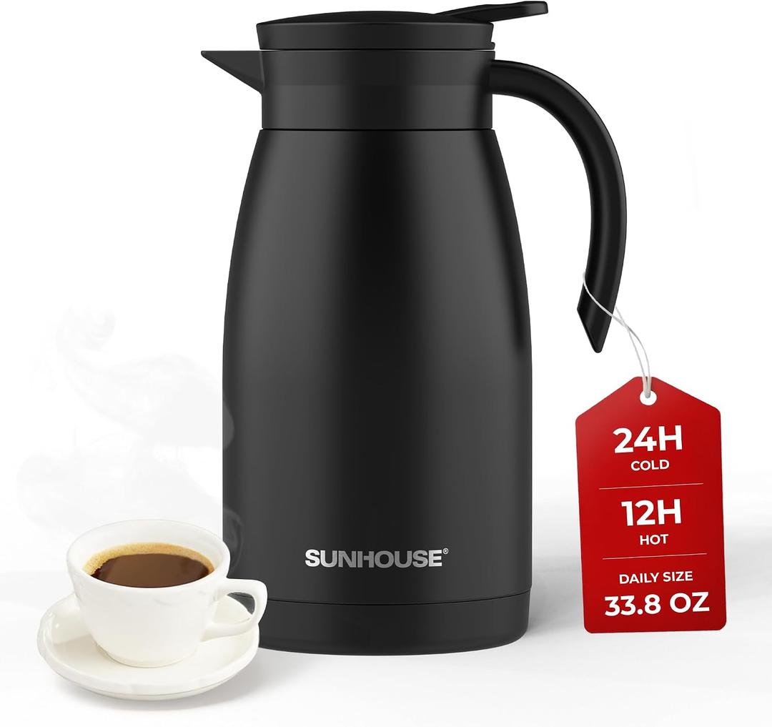 SUNHOUSE 34 Oz Thermal Coffee Carafe Insulated Stainless Steel Coffee Carafes for Hot Liquids - Double Walled Vacuum Coffee Pot - Black, 1L (34 Ounces) 