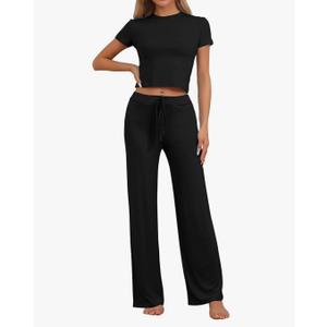 cheibear Womens 2 Piece Outfits Lounge Sets Crop Short Sleeve T-Shirt High Waisted Wide Leg Pants Tracksuit Sets, M
