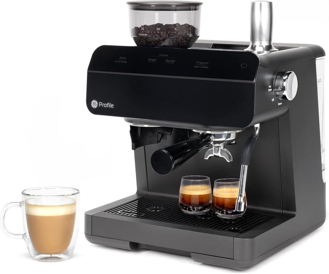 Profile GE Semi Automatic Espresso Machine + Steam Frother | Italian-Made 15 Bar Pump for Balanced Extraction | 15 Adjustable Grind Size Levels | WiFi Connected for Drink Customization | Black