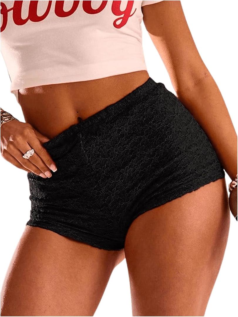 Women's Floral Lace Drop Waist Booty Shorts Skinny Y2k Summer Mini Shorts (Large, Black)