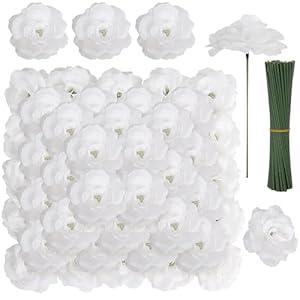 LELEE 108pcs White Roses Head Flowers with Stem - Artificial Flowers Rose Bulk - Silk Rose Fake Flower for Wedding Bouquet Party Home Decor DIY Baby Shower Centerpieces Tables Decoration