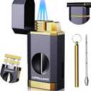 Triple Flame Torch Lighter with Built-in V Cutter, Holder and Draw Enhancer Tool, Butane Refillable Torch Lighter, Multifunctional Accessories Gift, Windproof Lighters for Candles and Outdoors (Purple Gold)