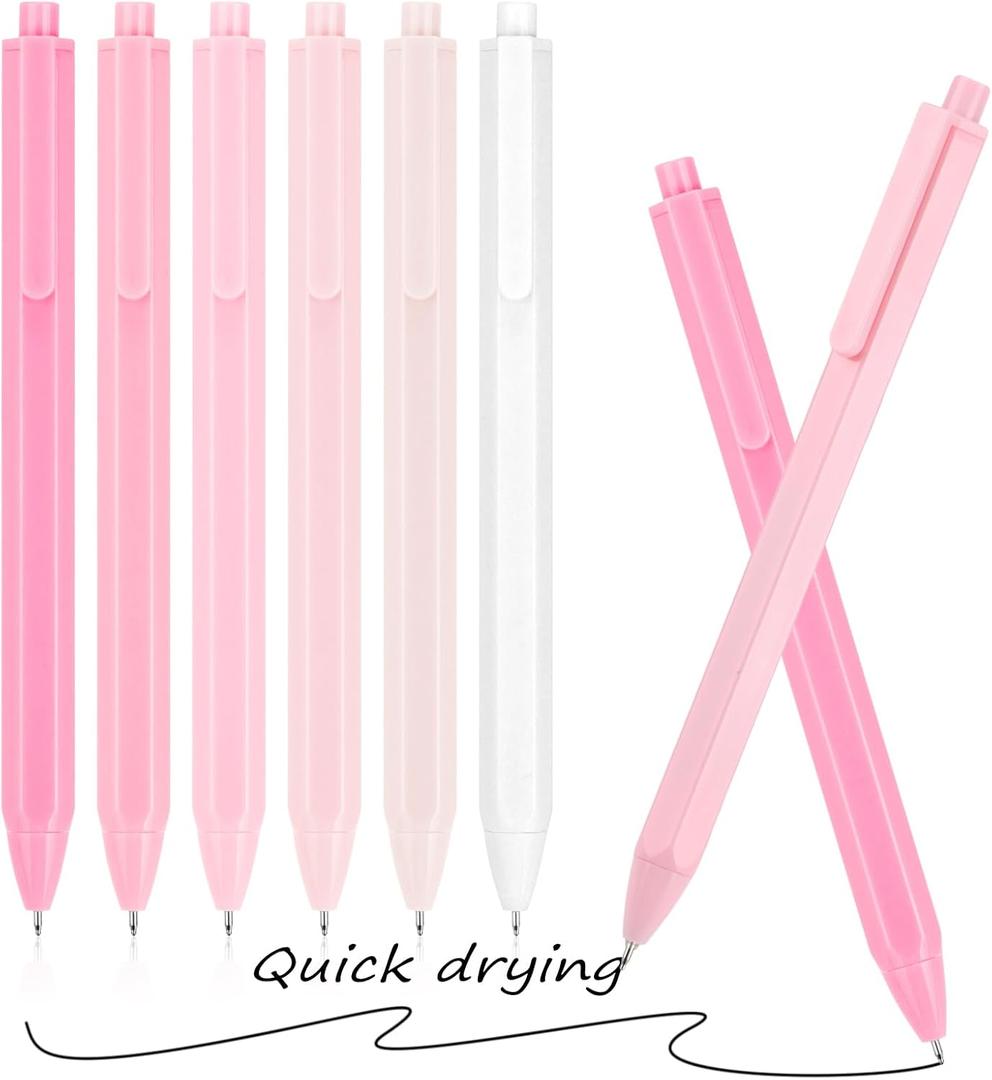 5 x Aesthetic Ballpoint Pens - Macaron Pink Pastel Roller Ball Pens, 0.5mm Retractable Gel Ink Pens | Black Ink | Cute Ball Point Pen - Pack of 6