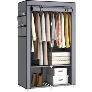 35 Inch Portable Wardrobe Closet for Small Room, Clothing Organizer Storage Rack with Non-Woven Fabric Cover, 2 Clothes Hanging Rods, 4 Storage Shelves and Side Pockets, Grey