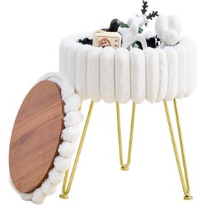 Wimarsbon Vanity Stool with Storage, Faux Fur Ottoman Chair with Metal Legs, Round Makeup Vanity Chair for Bedroom or Dressing Table, Modern Small Ottoman Seat (White)