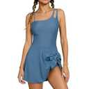 Funnycokid Girls One Piece Swimsuits Size 12 Bathing Suit Slate Blue Adjustable Straps Pad Teen Swimwear Skirt