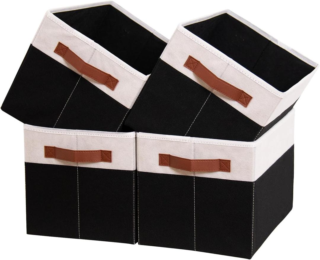 HOdo Home 4PCS Fabric Storage Bin with Hard Bottom Base and 2 Bold Handles, Collapsible Large Canvas Storage Baskets for Organizing Shelf Nursery Home Closet (Black&White, 14L10W9.5H) (14109.5in/4-Pack)