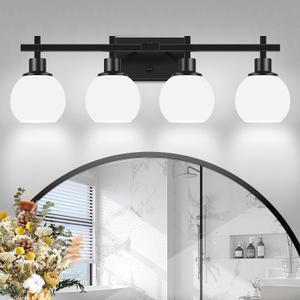 4-Light Modern Vanity Lighting Fixtures, Bathroom Wall Mounted Vanity Light,Black Bathroom Lighting Fixtures Over Mirror with Milky White Glass Lampshade for Bedroom, Living Room