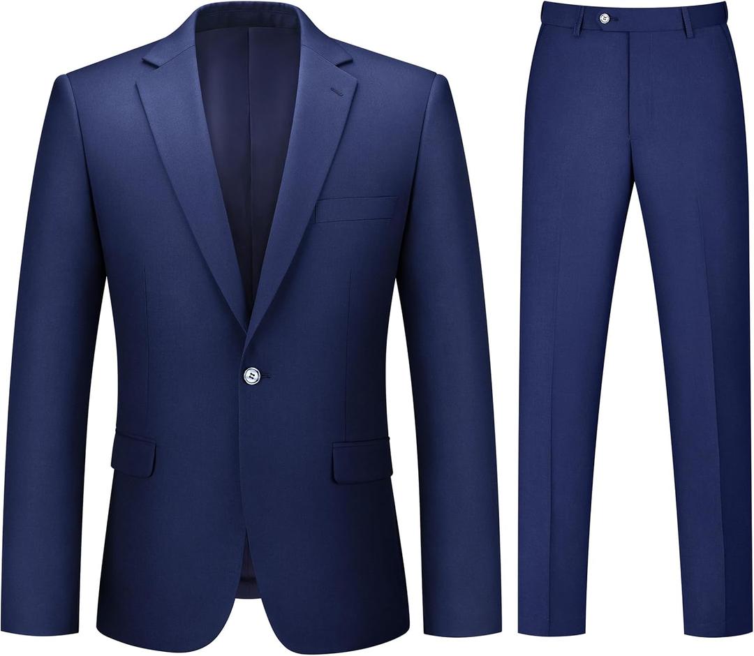 Mens Suit 2 Piece Suits for Men One Button Slim Fit Solid Jacket & Pants Tuxedo Set Business Wedding Party (Medium, Navy Blue)