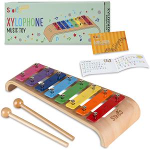 Stoie's Wooden Xylophone for Kids and Toddlers, Curved Design, 8 Notes of Rainbow Color, Tuned C-Key Xylophone with Mallets, Music Songbook, Kids Musical Instrument Educational Montessori Toys