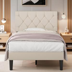VECELO Twin Size Bed Frame with Button Tufted Headboard, Upholstered Platform Bedframe with Wood Slat Support, No Box Spring Needed, Dark Beige
