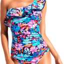 Tempt Me Women One Piece Swimsuits Tummy Control One Shoulder Bathing Suits Ruffle Swimwear (Large, Blue Multicolor)