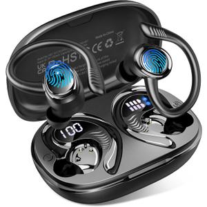 Hupoaf Wireless Earbuds Sport, NEW Bluetooth 5.4 Headphones with Earhooks, 50H Stereo Deep Bass Over Ear Buds with 4 ENC Noise Canceling Mics, IP7 Waterproof Earphones for Running Workout Gym -Black
