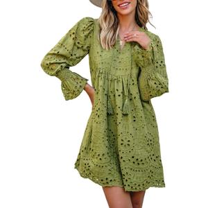 Dokotoo Womens 2025 Boho Dress Tassel V Neck Long Sleeve A Line Casual Hollow Out Lace Ruffle Party Dresses (M)