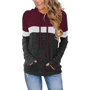 MixShe Women’s Color Block Knit Hoodie – Casual Long Sleeve Pullover Sweater Tops with Pocket S