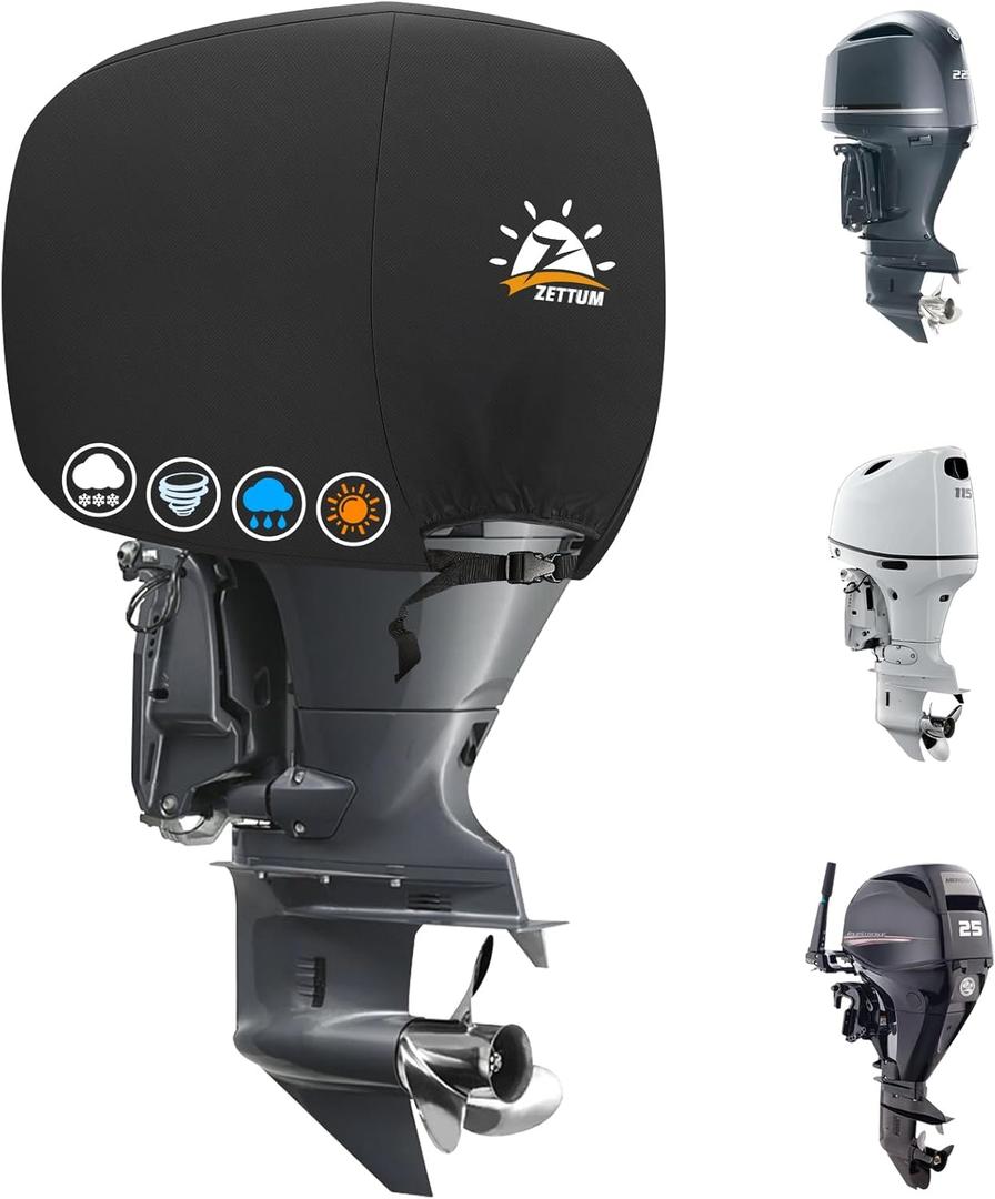 Zettum Outboard Motor Cover, 600D Boat Motor Cover Waterproof & Heavy Duty, Fade-Resistant Boat Engine Cover - Fit for Motor up to 25 HP, Black