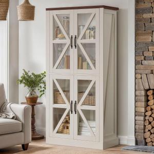 DWVO 66" Storage Cabinet, Tall Bookshelf Display Cabinet, 4 Shelves Curio Cabinet with Tempered Glass Doors, Trophy Display Case for Living Room and Dinning Room, White