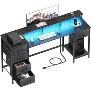 55 Inch Computer Gaming Desk with Power Outlets LED Lights Reversible Home Office with Adjustable Fabric Storage Drawers for Working Writing Study, Black