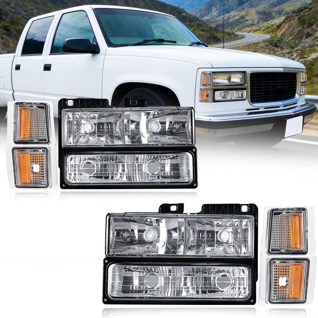 Headlights Coner Lights Compatible with 94-98 Silverado & 1994-1999 Chevy Tahoe Suburban C10 C/K 1500 2500 3500 Chrome Housing Amber Reflector