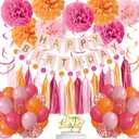 Pink and Orange Birthday Party Decorations Happy Birthday Banner Hot Pink Confetti Balloons Tissue Pom Poms Tassel Garland Pink Orange Party Decor Supplies for Women Girls