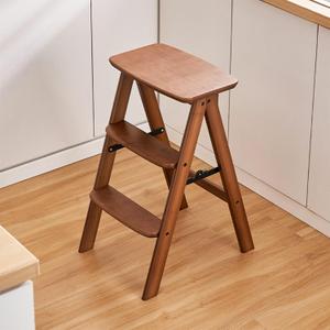 Step Ladder 3 Tier Folding- Anti Slip Step Stool Foldable, Multi 3-in-1 Bamboo Step Ladder Lightweight Portable, Wooden Step Stool Saving Space for Kitchen and Office(Brown, Capacity 250lbs)