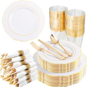 Liacere 350PCS Gold Plastic Plates-Disposable White and Gold Plates 50guest Baroque Plastic Dinnerware include 100Plates, 50Pack Pre Rolled Napkins with Silverware 50Cups for Wedding&Mother's Day