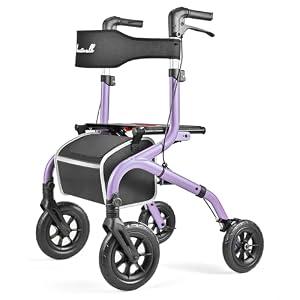 PLANET WALK Folding Rollator Walker for Seniors with 10" & 8" All-Terrain Thick Treaded Rubber Tires, 300lb Capacity Aluminum Frame, Breathable Seat & Backrest, Lightweight Mobility Aid, Purple