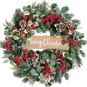 idyllic Christmas Wreath-22 Christmas Decoration Wreaths for Front Door Winter Spring Wreath with Pine Needles Eucalyptus Holly Leaves Pine Cones Red Berries for Indoor Outdoor Home Wall Decor