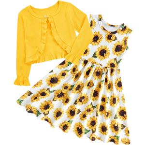 Toddler Girl Sleeveless Dresses and Long Sleeve Ruffle Cardigan 2 Piece Fall Outfits for 6-7Y(Yellow)