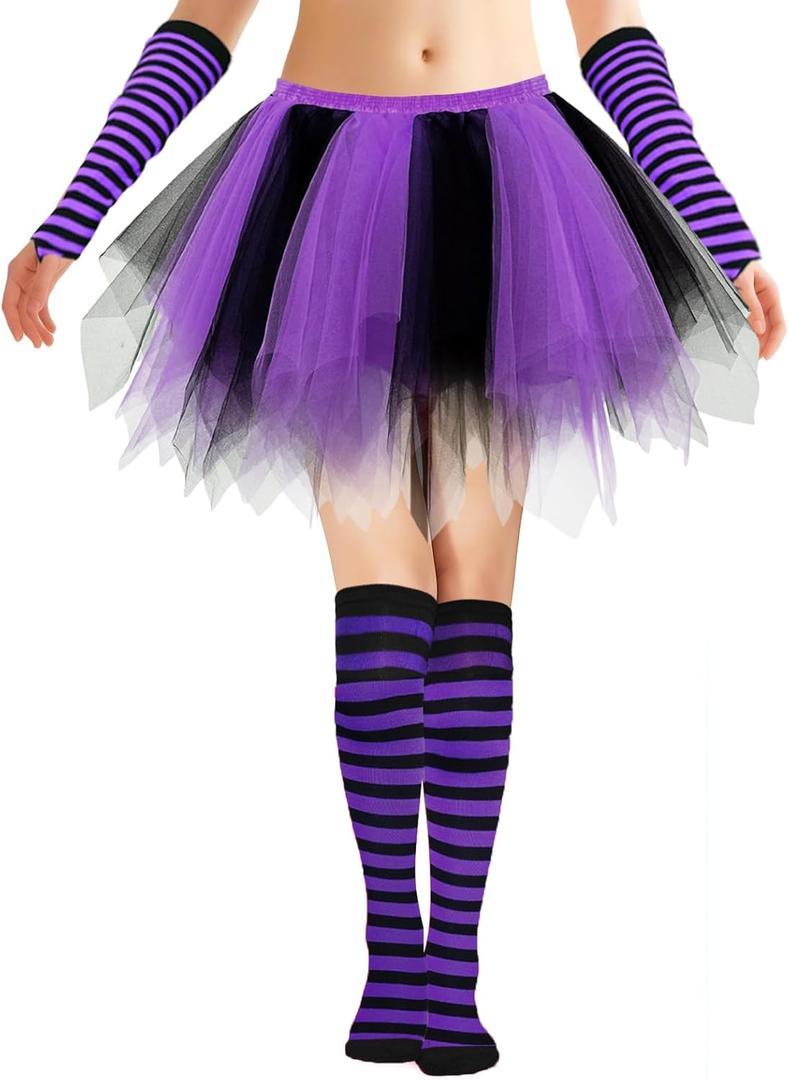 Fluffy Tulle Tutu Skirt Costume, Satin Lined Skirts with Striped Socks for Halloween Run Spirit Week (Medium, Purple/Black)