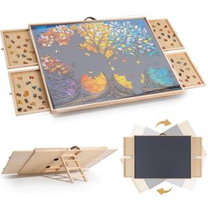 TEAKMAMA 2-in-1 Rotating & Tilting Puzzle Board with 4 Drawers, Portable 1500 Pieces Jigsaw Puzzle Table (34.2" x 26.3") for Adults, Includes Protective Cover, Natural, 1500pc