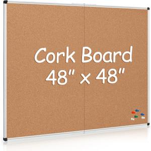 Extra Large Cork Bulletin Board 48" X 48", Foldable Notice Pin Board for Wall, Silver Aluminum Framed 4'x4' Corkboard, Wall Mounted Noticeboard with 36 Push Pins for School, Home & Office