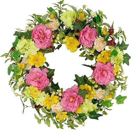 YNYLCHMX 18" Spring Summer Wreaths for Front Door, Artificial Floral Wreath with Ivy Leaves Daisies Pansies Rose Leaves, Green Foliage Wreath for Wall Window Farmhouse Party Holiday Home Decor