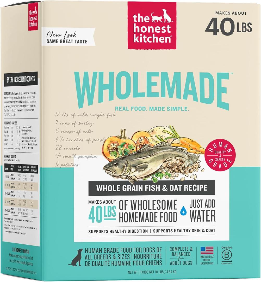 The Honest Kitchen Wholemade Whole Grain Fish & Oats Recipe, Human Grade Dehydrated Dog Food, Just Add Water, Supports Digestion, Skin & Coat, Topper for Dry or Wet Food, 10 lb Box Makes 40 lbs