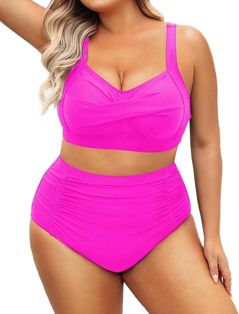Daci Women's Plus Size Bikini Sets - High Waisted Two-Piece Swimsuits with Tummy Control Pink 18W
