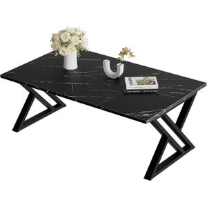 Coffee Table Living Room Table Black Center Table, Simple Modern Faux Marble Rectangular Tea Table with Sturdy Black-Finished Metal Frame,Industrial Wooden Coffee Table for Bedroom Home Office