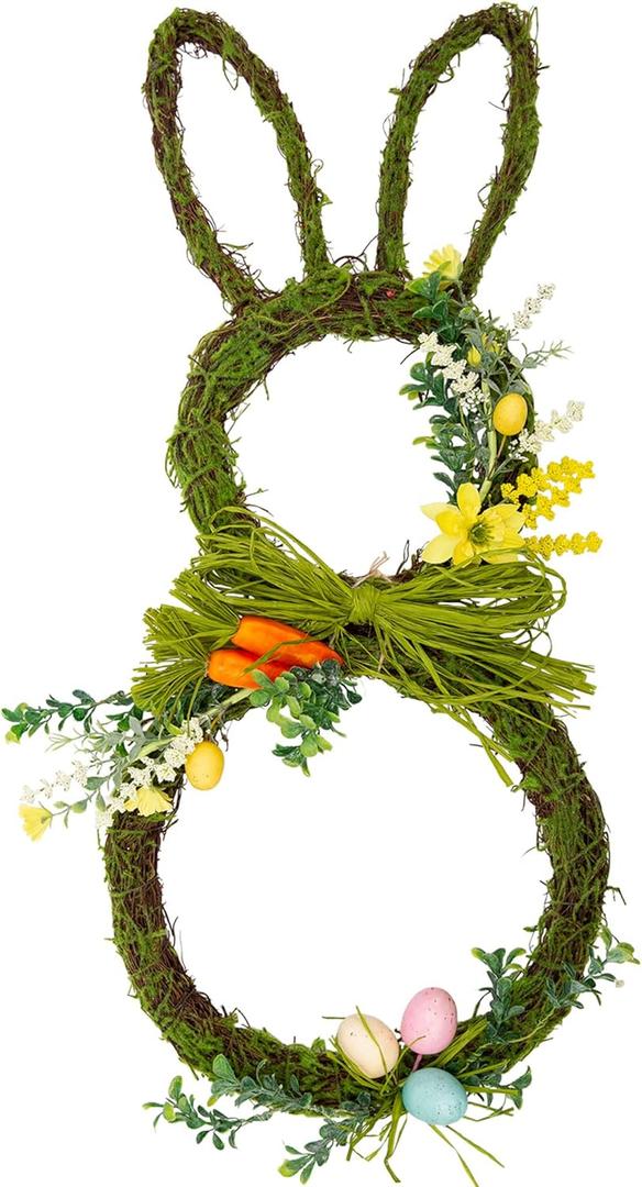 27 Inch Easter Wreath Artificial Easter Rabbit Wreath Spring Bunny Wreath for Front Door Easter Decorations with Pastel Eggs Carrots and Flowers for Home Decorations