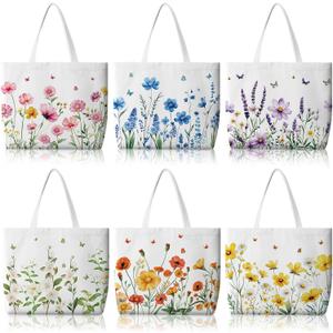 Bencailor 6 Pcs Floral Canvas Tote Bags Bulk Reusable Wildflowers Tote Bags for Women Daily Life Vacation Shopping (Multi)