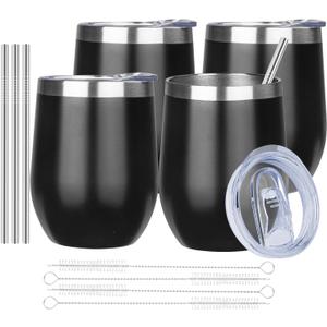 MEZMUT 12 Oz Insulated Tumbler with Lid Double Wall Vacuum Stainless Steel Glass Coffee Mug Insulated Tumbler Cup for Champaign, Cocktail, Beer (Black, 4 Pack)