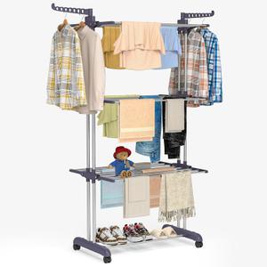 Bigzzia Clothes Drying Rack Folding Drying Rack Clothing 4 Tier Clothes Horses Rack Stainless Steel Laundry Drying Rack with Two Side Wings Grey