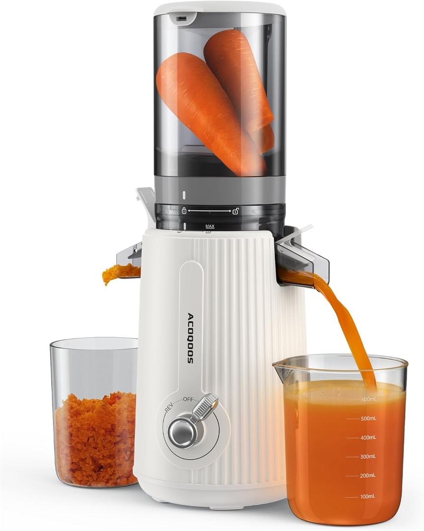 ACOQOOS Juicer Machines, Juicers Whole Fruit and Vegetable with 4.3" Feeding Chute, Easy to Clean Cold Press Juicer with 2 Cups, Masticating Juicer White