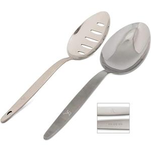 BNAZIND 2Pack Chef Kunz Spoon |18/10 Stainless Steel Serving Spoons | 9 Inch Basting Quenelle Chef Cooking Utensils Dinner Plating Spoon (Regular & Slotted Set)